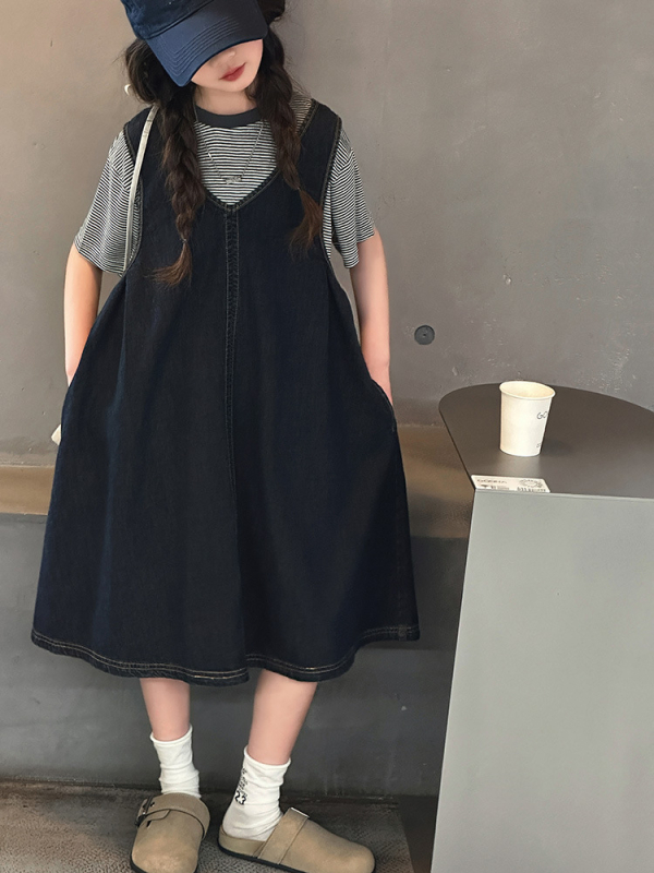 Dječji dvodijelni ljetni komplet: džins haljina bez rukava i prugasti kratki T‑shirt, korejski stil, 80% pamuk, prugasti uzorak, za djevojčice 8+ godina (visina >140 cm), ljeto 2025