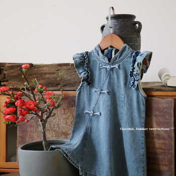 Dječja haljina u kineskom stilu od denima, 89% pamuka, uzrast 3–8 godina, ljeto 2025