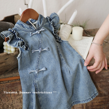 Dječja haljina u kineskom stilu od denima, 89% pamuka, uzrast 3–8 godina, ljeto 2025