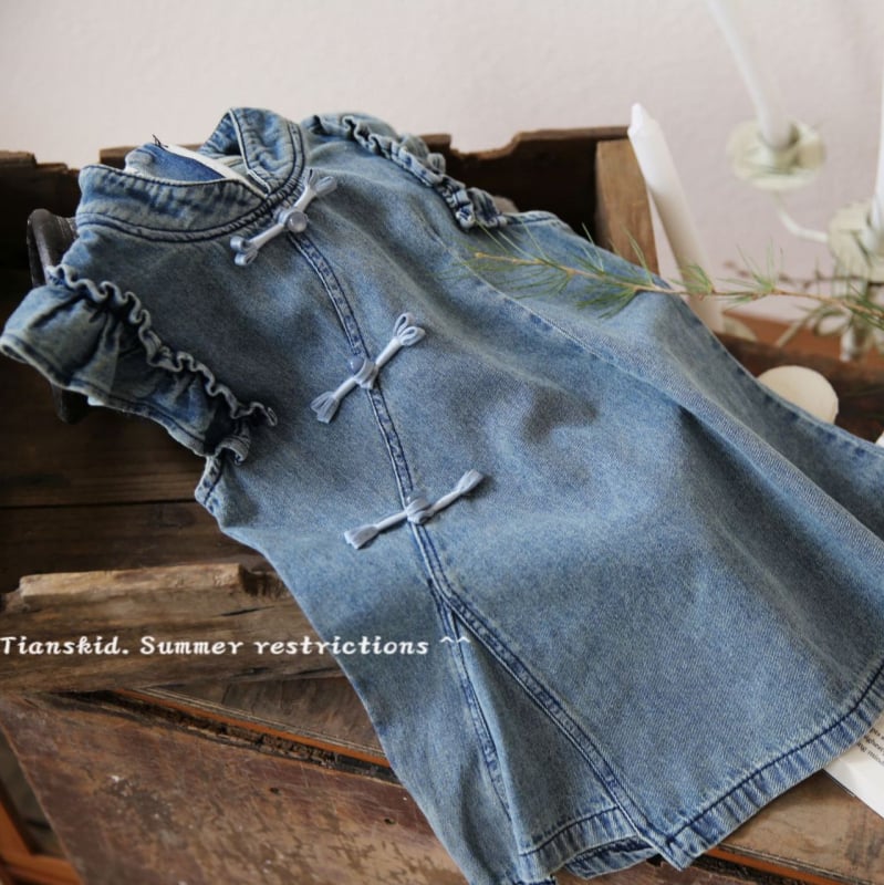 Dječja haljina u kineskom stilu od denima, 89% pamuka, uzrast 3–8 godina, ljeto 2025