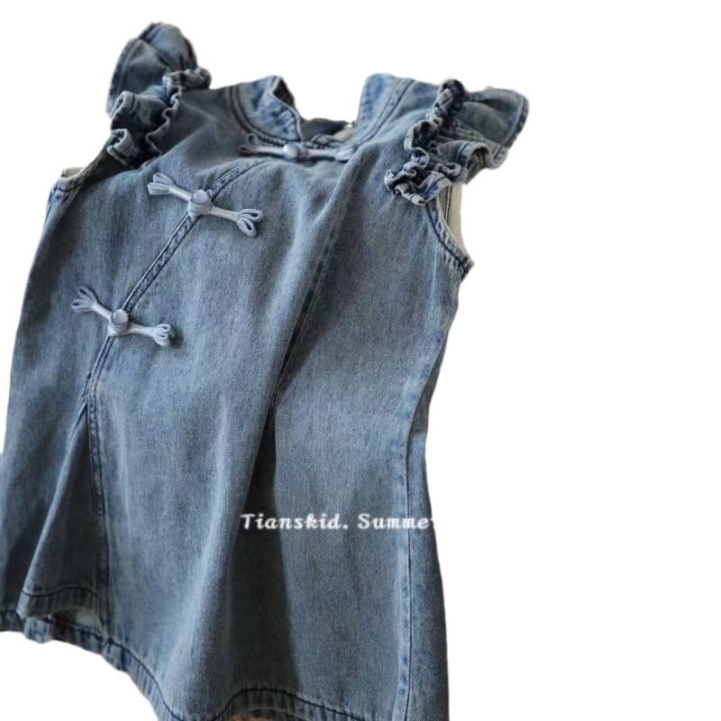 Dječja haljina u kineskom stilu od denima, 89% pamuka, uzrast 3–8 godina, ljeto 2025