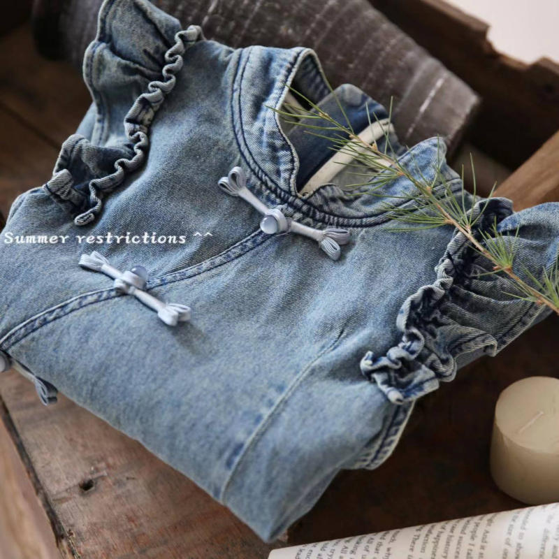 Dječja haljina u kineskom stilu od denima, 89% pamuka, uzrast 3–8 godina, ljeto 2025