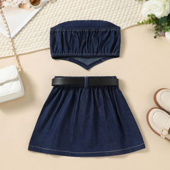 Set de trei piese de vară pentru fete: top din denim fără mâneci, fustă plisată și curea cu fundă; material 90% poliester; pentru copii 3–8 ani.