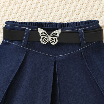 Set de trei piese de vară pentru fete: top din denim fără mâneci, fustă plisată și curea cu fundă; material 90% poliester; pentru copii 3–8 ani.