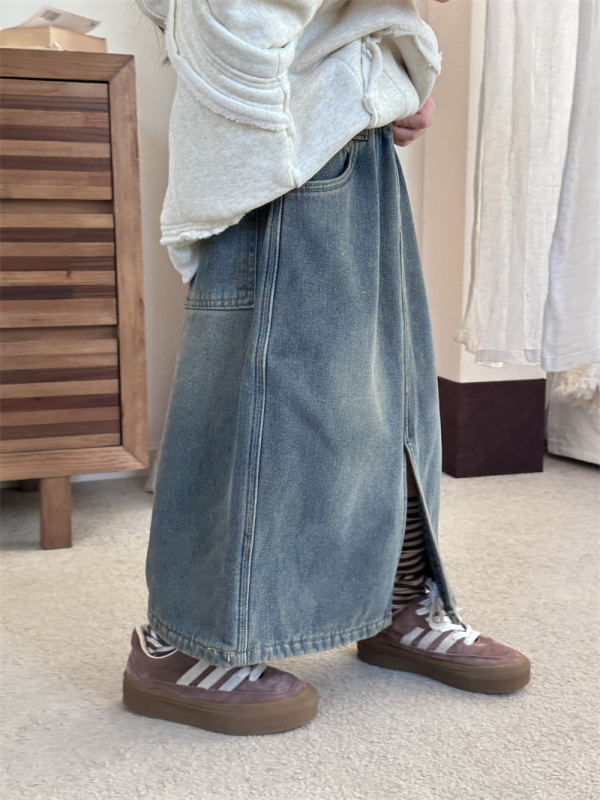 Koreai stílusú lányoknak vintage farmer A-vonalú szoknya fleece béléses téli, 90–140 cm, 3–8 év