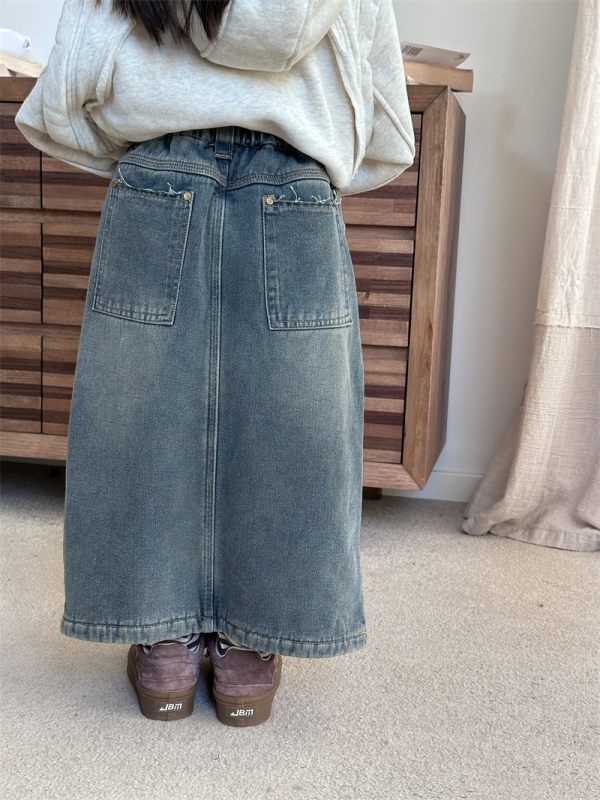 Koreai stílusú lányoknak vintage farmer A-vonalú szoknya fleece béléses téli, 90–140 cm, 3–8 év