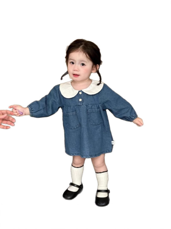 Dječja denimska haljina s dugim rukavima, korejski stil, princeza silueta, denim s 80–90% pamuka, mekana tkanina, za djevojčice 1–3 godine, jesen.