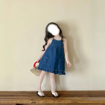 Dječje haljine s halterom i otvorenim leđima, denim stil, A-linija, jednobojna, 50% poliester, za uzrast 3–8 godina, ljeto 2024