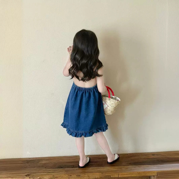 Dječje haljine s halterom i otvorenim leđima, denim stil, A-linija, jednobojna, 50% poliester, za uzrast 3–8 godina, ljeto 2024