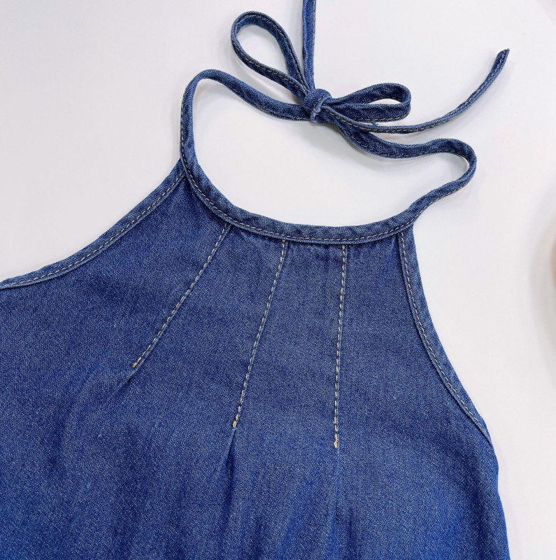 Dječje haljine s halterom i otvorenim leđima, denim stil, A-linija, jednobojna, 50% poliester, za uzrast 3–8 godina, ljeto 2024