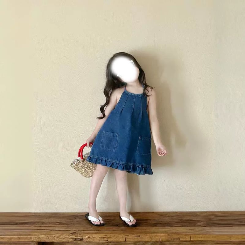 Dječje haljine s halterom i otvorenim leđima, denim stil, A-linija, jednobojna, 50% poliester, za uzrast 3–8 godina, ljeto 2024
