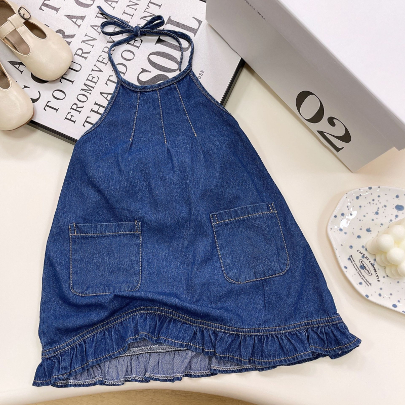 Dječje haljine s halterom i otvorenim leđima, denim stil, A-linija, jednobojna, 50% poliester, za uzrast 3–8 godina, ljeto 2024