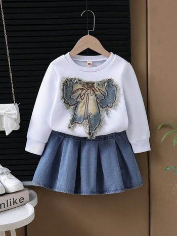 Set două piese pentru fetițe, toamnă: hanorac din denim cu funda și fustă din denim, 70% bumbac, mâneci lungi