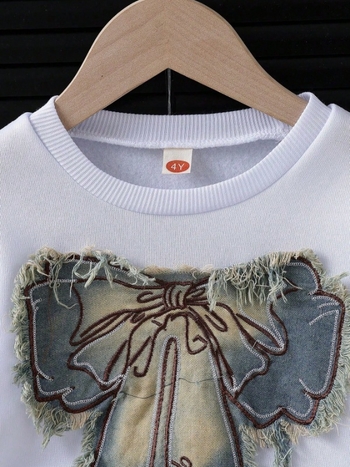 Set două piese pentru fetițe, toamnă: hanorac din denim cu funda și fustă din denim, 70% bumbac, mâneci lungi