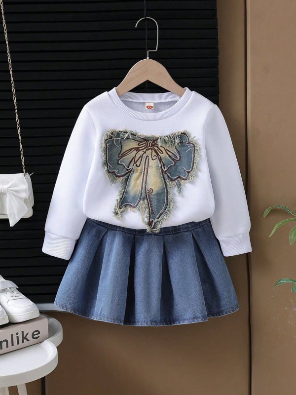 Set două piese pentru fetițe, toamnă: hanorac din denim cu funda și fustă din denim, 70% bumbac, mâneci lungi