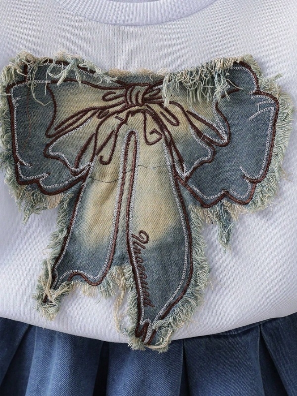 Set două piese pentru fetițe, toamnă: hanorac din denim cu funda și fustă din denim, 70% bumbac, mâneci lungi