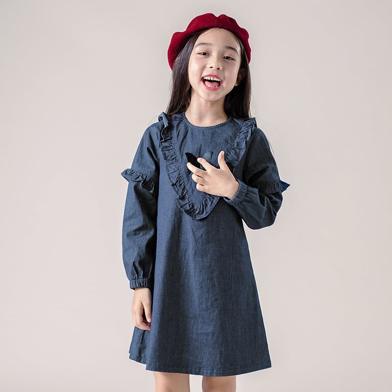 Dječja denims haljina, princeza stil, dugi rukavi, 63% pamuk, jednobojni uzorak