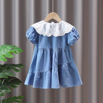 Dječja haljina za djevojčice s čipkastim ovratnikom i kratkim rukavima, pamuk-denim stil haljine, jednovarni uzorak, za uzrast 3–8 godina.