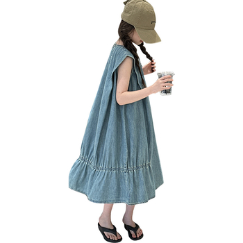 Dječja traper suknja bez rukava, lagana traperska tkanina, vanjska 70% pamuk, podstava 30% pamuk, opuštena kroj, ljeto 2025, za djecu preko 8 godina