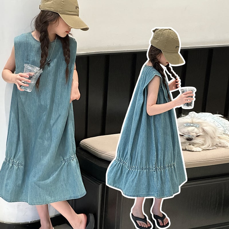 Dječja traper suknja bez rukava, lagana traperska tkanina, vanjska 70% pamuk, podstava 30% pamuk, opuštena kroj, ljeto 2025, za djecu preko 8 godina