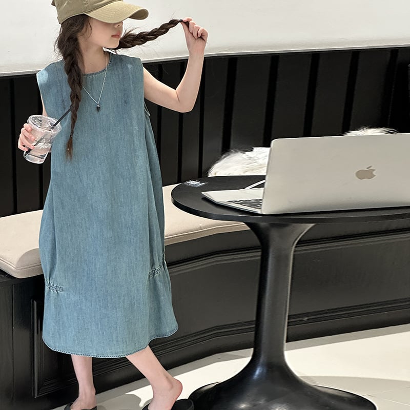 Dječja traper suknja bez rukava, lagana traperska tkanina, vanjska 70% pamuk, podstava 30% pamuk, opuštena kroj, ljeto 2025, za djecu preko 8 godina