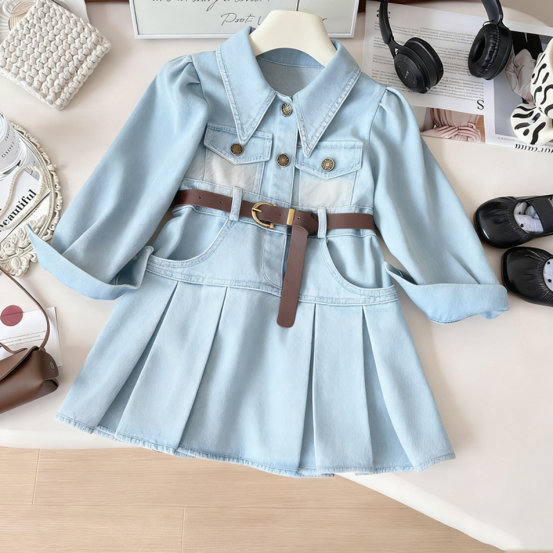 Dječja traper haljina s dugim rukavima, korejski stil, denim, glavni materijal: pamuk i poliester, podstava od pamuka, proljeće i jesen