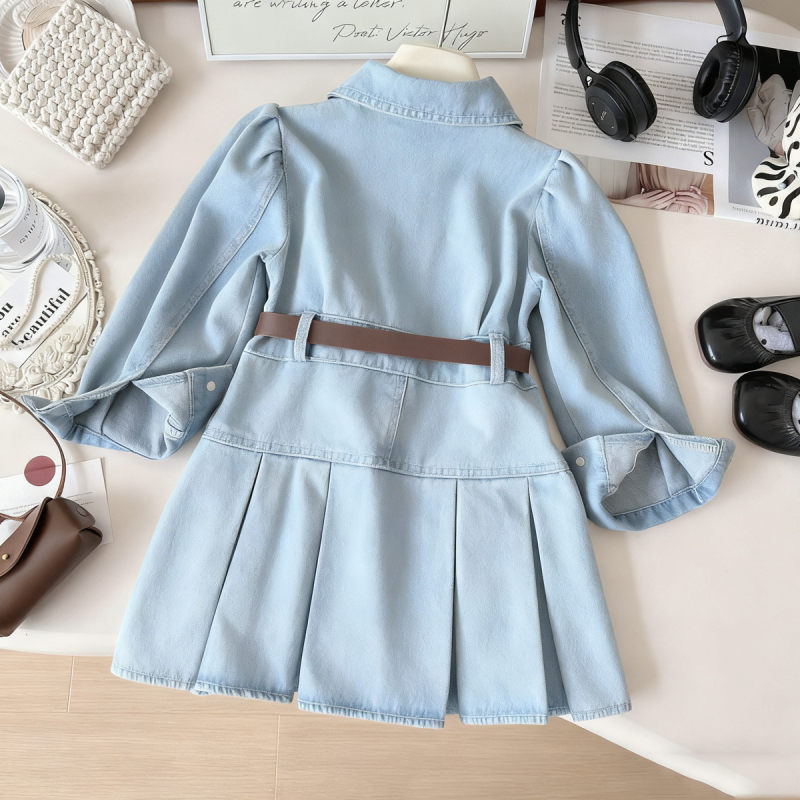 Dječja traper haljina s dugim rukavima, korejski stil, denim, glavni materijal: pamuk i poliester, podstava od pamuka, proljeće i jesen