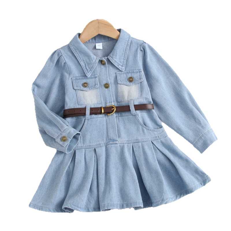 Dječja traper haljina s dugim rukavima, korejski stil, denim, glavni materijal: pamuk i poliester, podstava od pamuka, proljeće i jesen