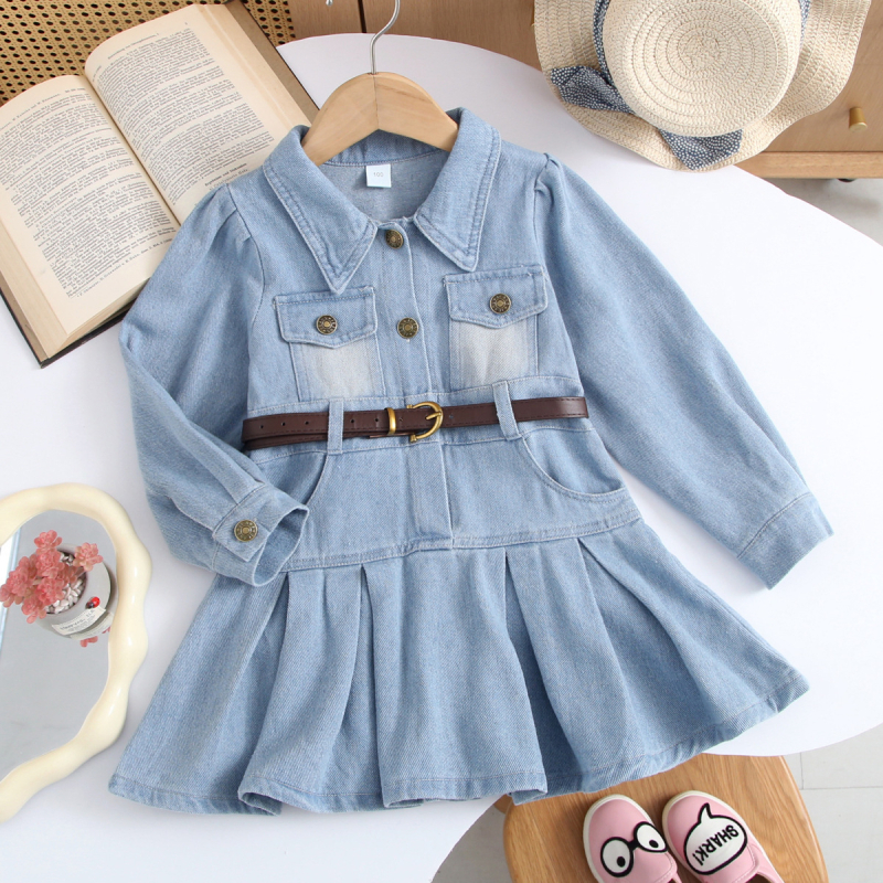 Dječja traper haljina s dugim rukavima, korejski stil, denim, glavni materijal: pamuk i poliester, podstava od pamuka, proljeće i jesen