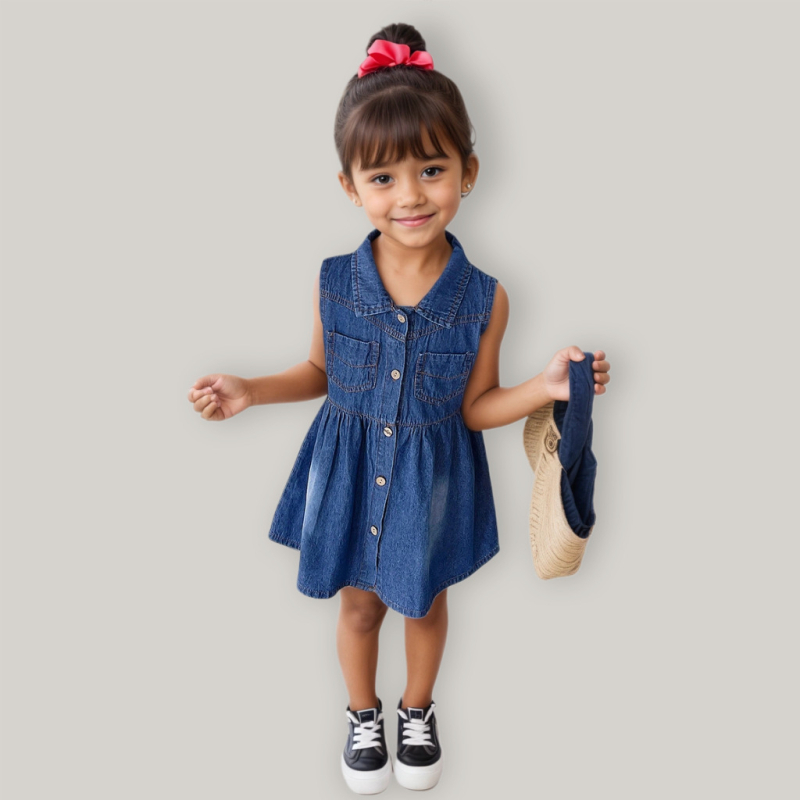 Lányoknak szánt denim ruhaszett pántokkal - két részes, egyszínű, 3–8 éveseknek