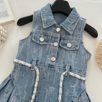 Dječje denims haljina bez rukava, korejskog stila, A-linija s reverom i naglašenim strukom, pamuk-denim mješavina