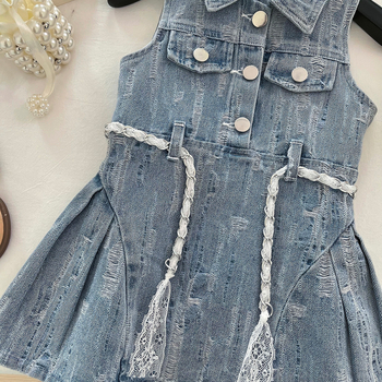 Dječje denims haljina bez rukava, korejskog stila, A-linija s reverom i naglašenim strukom, pamuk-denim mješavina