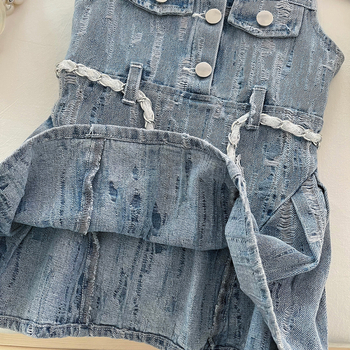 Dječje denims haljina bez rukava, korejskog stila, A-linija s reverom i naglašenim strukom, pamuk-denim mješavina