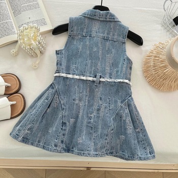 Dječje denims haljina bez rukava, korejskog stila, A-linija s reverom i naglašenim strukom, pamuk-denim mješavina