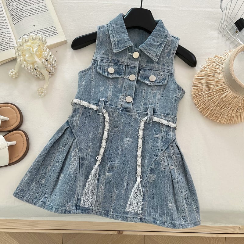 Dječje denims haljina bez rukava, korejskog stila, A-linija s reverom i naglašenim strukom, pamuk-denim mješavina