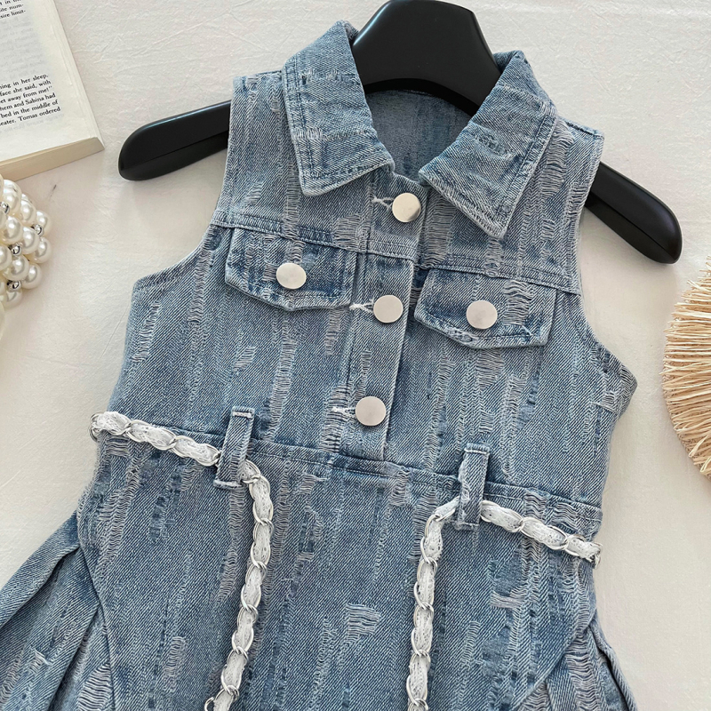 Dječje denims haljina bez rukava, korejskog stila, A-linija s reverom i naglašenim strukom, pamuk-denim mješavina