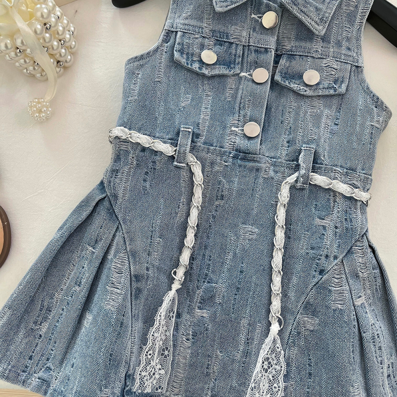 Dječje denims haljina bez rukava, korejskog stila, A-linija s reverom i naglašenim strukom, pamuk-denim mješavina