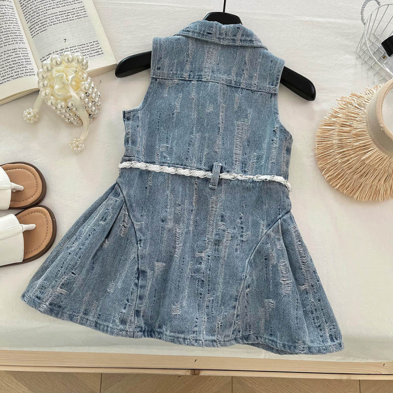 Dječje denims haljina bez rukava, korejskog stila, A-linija s reverom i naglašenim strukom, pamuk-denim mješavina