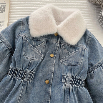 Dječja denim haljina za djevojčice, korejski stil, mekani baršunasti završetak, 60% pamuk, srednja duljina, zima 2025