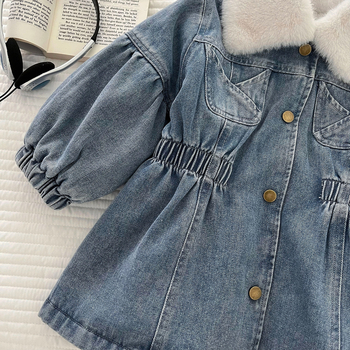 Dječja denim haljina za djevojčice, korejski stil, mekani baršunasti završetak, 60% pamuk, srednja duljina, zima 2025