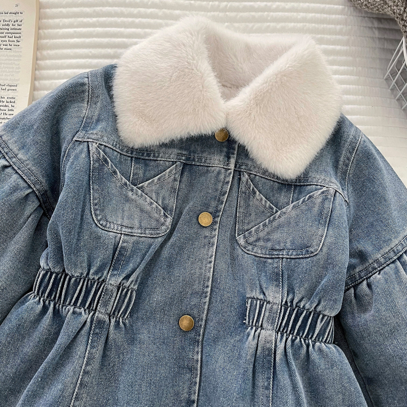 Dječja denim haljina za djevojčice, korejski stil, mekani baršunasti završetak, 60% pamuk, srednja duljina, zima 2025