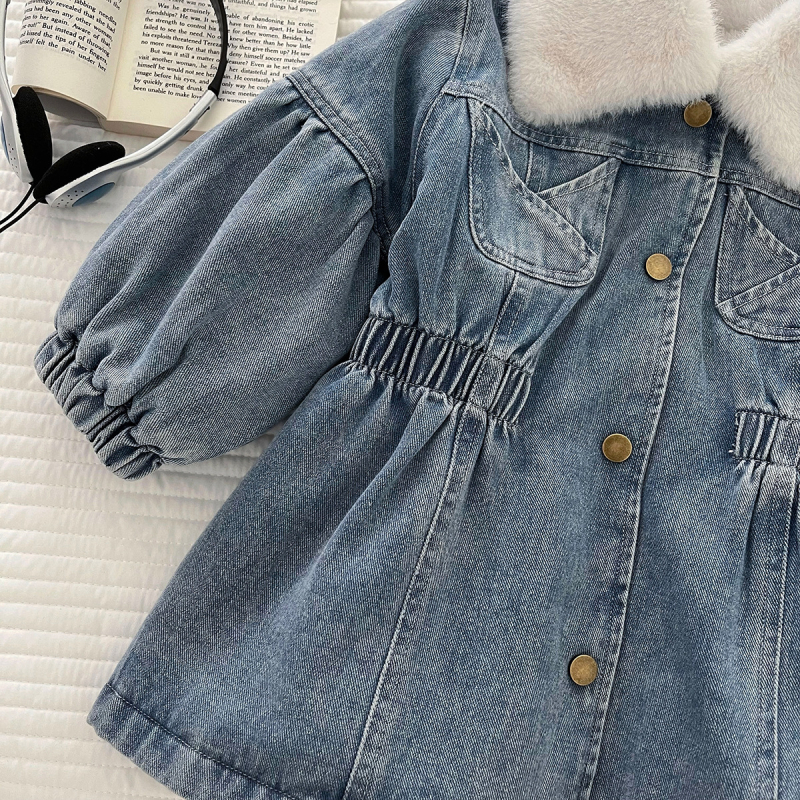 Dječja denim haljina za djevojčice, korejski stil, mekani baršunasti završetak, 60% pamuk, srednja duljina, zima 2025