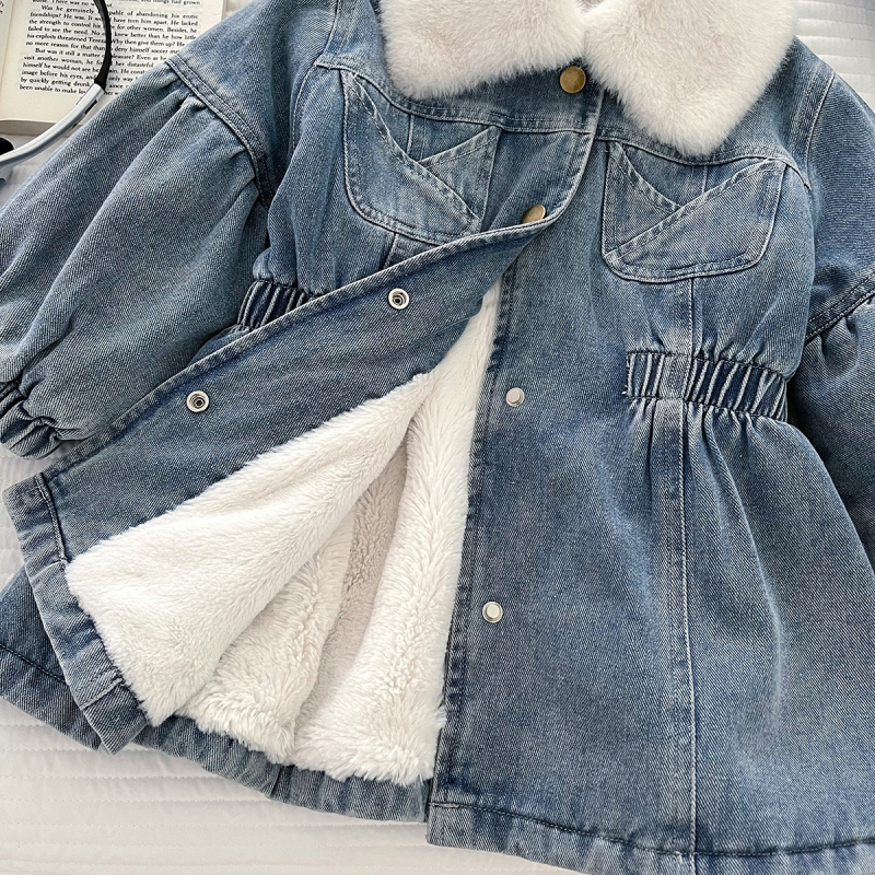 Dječja denim haljina za djevojčice, korejski stil, mekani baršunasti završetak, 60% pamuk, srednja duljina, zima 2025