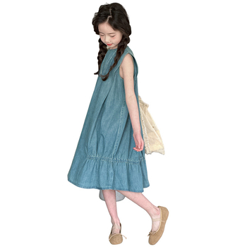 Lányoknak való farmeres szoknya pántokkal és ujjatlan toppal, A-vonal, nyári 2025 kiadás