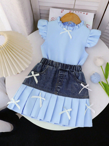 Dječji dvodjelni denim set: top s ovratnikom u obliku lotosovog lista, rukavima s fly detaljem i džins suknja; uzrast 3–8 godina.