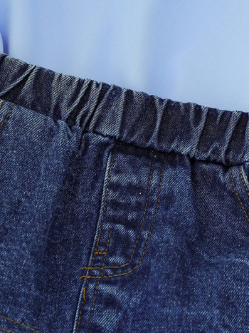 Dječji dvodjelni denim set: top s ovratnikom u obliku lotosovog lista, rukavima s fly detaljem i džins suknja; uzrast 3–8 godina.