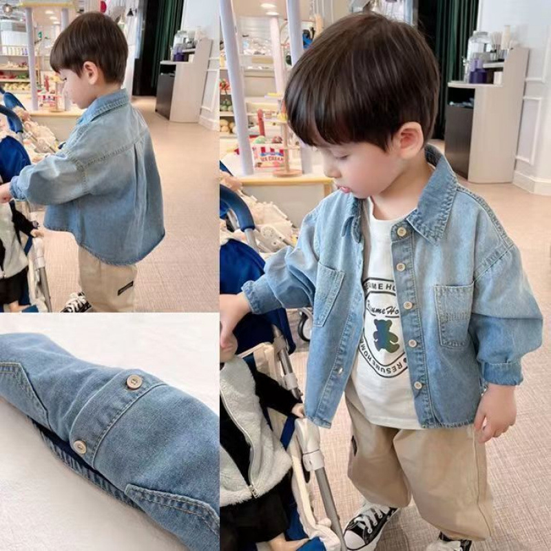 Dječja denim košulja-jakna sa stojećim ovratnikom, dugi rukav, pamuk