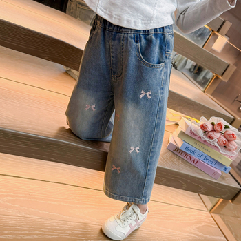 Dječje traperice s izvezenom mašnicom, korejski stil, denim, 65% pamuk, srednji struk, ravni kroj