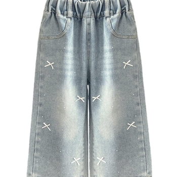 Lányoknak szóló farmernadrág denim, egyenes szabás, virágos minta, középső derekú, puha mosás, 57,7% pamut, tavasz 2025, 3–8 éveseknek