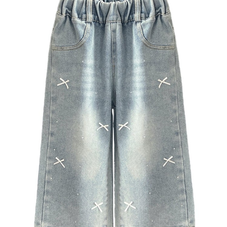 Lányoknak szóló farmernadrág denim, egyenes szabás, virágos minta, középső derekú, puha mosás, 57,7% pamut, tavasz 2025, 3–8 éveseknek